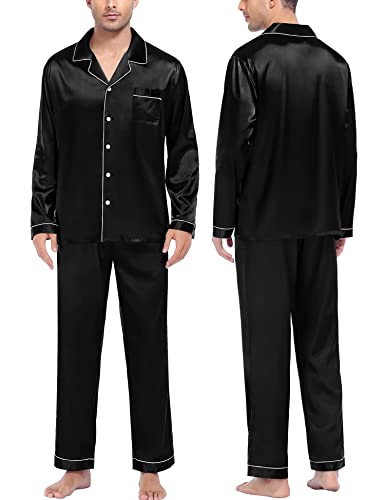 SWOMOG Satin Schlafanzug Herren Lang mit Knopf Seidenpyjama für Herren Silky Pyjamas Set Button Down PJs Sets Nachtwäsche Hausanzug von SWOMOG