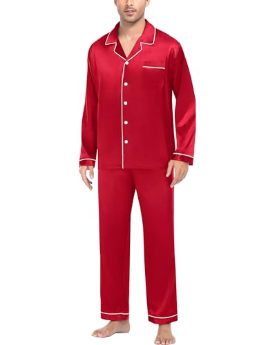 SWOMOG Satin Schlafanzug Herren Lang mit Knopfleiste Langarm Seide Nachtwäsche Pyjama Set Zweiteiliger Hausanzug Silk Pjs von SWOMOG
