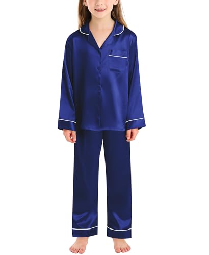 SWOMOG Satin Schlafanzug Mädchen Lang Kinder Pyjama mit Knopfleiste Jungen Seiden Nachtwäsche Zweiteiliger Pjs Sets Geschenke von SWOMOG