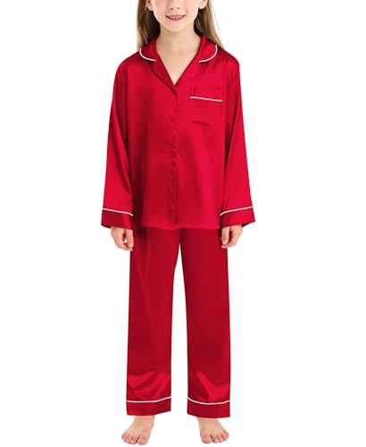 SWOMOG Satin Schlafanzug Mädchen Lang Kinder Pyjama mit Knopfleiste Jungen Seiden Nachtwäsche Zweiteiliger Pjs Sets Geschenke von SWOMOG