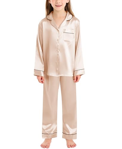 SWOMOG Satin Schlafanzug Mädchen Lang Kinder Pyjama mit Knopfleiste Jungen Seiden Nachtwäsche Zweiteiliger Pjs Sets Geschenke von SWOMOG
