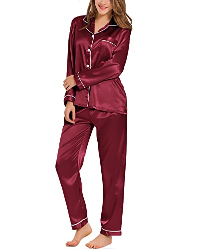 SWOMOG Schlafanzüge für Damen Satin Pyjama Sets Langarm Nachtwäsche mit Knopf Silk Pyjamas Zweiteiliger Pjs Sets Seide Hemd Pyjama Rot XL von SWOMOG