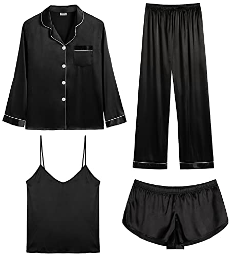 SWOMOG Schlafanzug Damen Lang Satin 4-teiliges Pyjamaset mit Knöpfen Ärmellos Top Short Set Seide Pyjama Hausanzug von SWOMOG