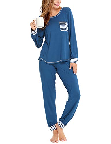 SWOMOG Schlafanzug Damen Lang Zweiteiliger Pyjama Weich Nachtwäsche Frauen Langarm Oberteile und Pyjamahose Hausanzug von SWOMOG