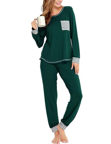 SWOMOG Schlafanzug Damen Lang Zweiteiliger Pyjama Weich Nachtwäsche Frauen Langarm Oberteile und Pyjamahose Hausanzug von SWOMOG