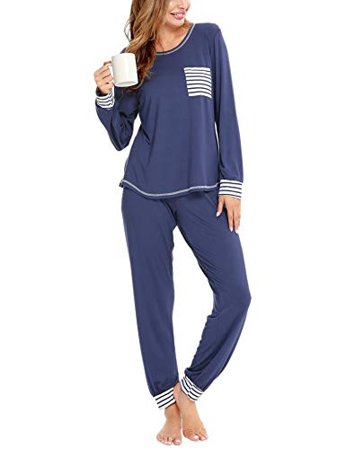 SWOMOG Schlafanzug Damen Lang Zweiteiliger Pyjama Weich Nachtwäsche Frauen Langarm Oberteile und Pyjamahose Hausanzug von SWOMOG