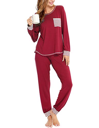 SWOMOG Schlafanzug Damen Lang Zweiteiliger Pyjama Weich Nachtwäsche Frauen Langarm Oberteile und Pyjamahose Hausanzug von SWOMOG