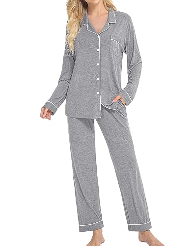 SWOMOG Schlafanzug Damen Lang Zweiteiliger Pyjama mit Knopfleiste Weich Nachtwäsche Frauen Langarm Tops und Pyjamahose Hausanzug von SWOMOG