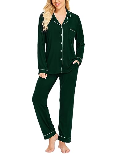 SWOMOG Schlafanzug Damen Lang Zweiteiliger Pyjama mit Knopfleiste Weich Nachtwäsche Frauen Langarm Tops und Pyjamahose Hausanzug von SWOMOG