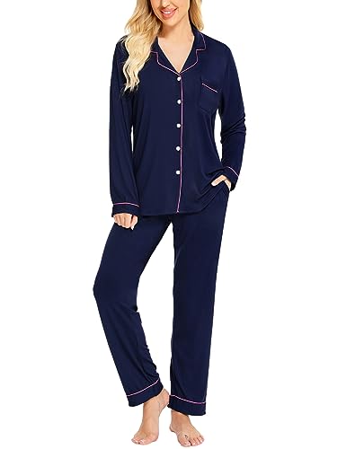 SWOMOG Schlafanzug Damen Lang Zweiteiliger Pyjama mit Knopfleiste Weich Nachtwäsche Frauen Langarm Tops und Pyjamahose Hausanzug von SWOMOG