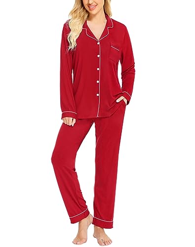 SWOMOG Schlafanzug Damen Lang Zweiteiliger Pyjama mit Knopfleiste Weich Nachtwäsche Frauen Langarm Tops und Pyjamahose Hausanzug von SWOMOG