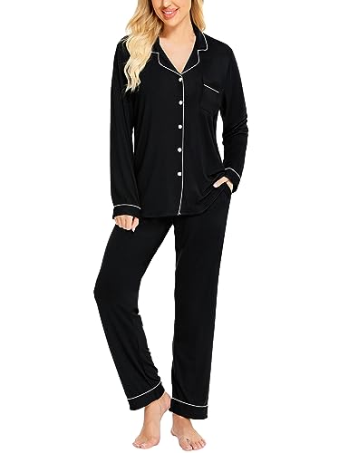 SWOMOG Schlafanzug Damen Lang Zweiteiliger Pyjama mit Knopfleiste Weich Nachtwäsche Frauen Langarm Tops und Pyjamahose Hausanzug von SWOMOG