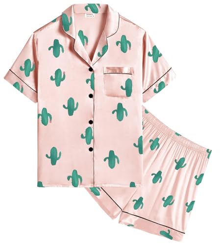 SWOMOG Schlafanzug Mädchen Kurz Kinder Satin Pyjama mit Knopfleiste Jungen Seiden Nachtwäsche Zweiteiliger Pjs Sets Geschenke von SWOMOG