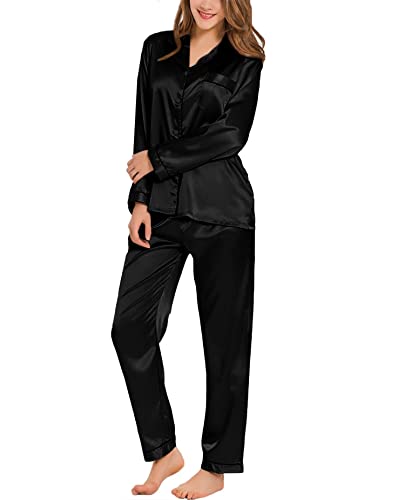 SWOMOG Schlafanzug Satin Damen Lang mit Knopf Seidenpyjama für Frauen Silky Pyjamas Set V-Ausschnitt Button Down Pj Sets Nachtwäsche Hausanzug von SWOMOG