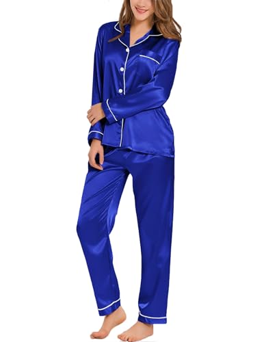 SWOMOG Schlafanzug Satin Damen Pyjama Lang Button Down Nachtwäsche Set Zweiteiliger Hausanzug Ladies Knopf Pjs Sets Frauen Seide Pyjama von SWOMOG