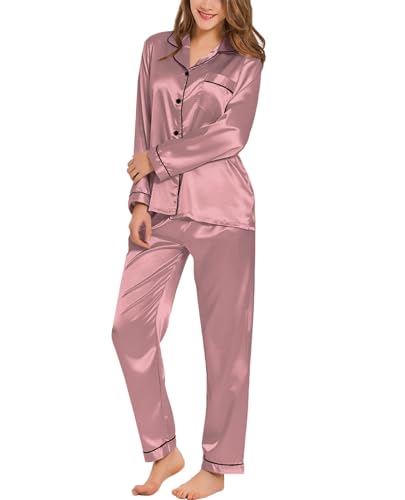 SWOMOG Schlafanzug Satin Damen Pyjama Lang Button Down Nachtwäsche Set Zweiteiliger Hausanzug Ladies Knopf Pjs Sets Frauen Seide Pyjama von SWOMOG