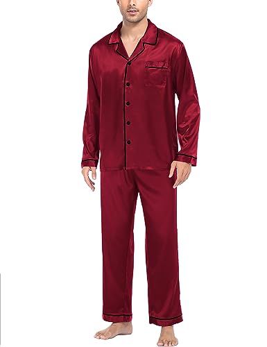 SWOMOG Schlafanzug Satin Herren Lang Nachtwäsche mit Knopfleiste Zweiteiliger Button Seiden Pyjama Sets Herren Seide Pjs Sets Loungewear von SWOMOG