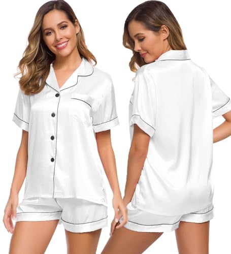 SWOMOG Schlafkleidung Damen Satin Kurzarm Pyjama Sets mit Knöpfen Zweiteilige Nachtwäsche Damen-Nachtwäsche aus Seide Loungewear Sommer Pjs Weiß von SWOMOG