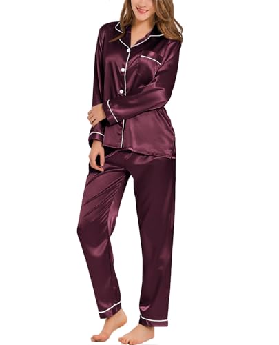 SWOMOG Schlafkleidung Damen Satin Pyjama Sets Langarm Button Down Silk Nachtwäsche mit Knopf Zweiteiliger Seide Pjs Sets Loungewear Weinrot von SWOMOG