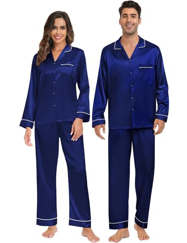 SWOMOG Seidenpyjama Herren Lang Satin Schlafanzug Button Down Pyjamas Set Zweiteiliger Nachtwäsche Silk Loungewear Pyjamahose von SWOMOG