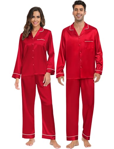 SWOMOG Seidenpyjama Herren Lang Satin Schlafanzug Button Down Pyjamas Set Zweiteiliger Nachtwäsche Silk Loungewear Pyjamahose von SWOMOG