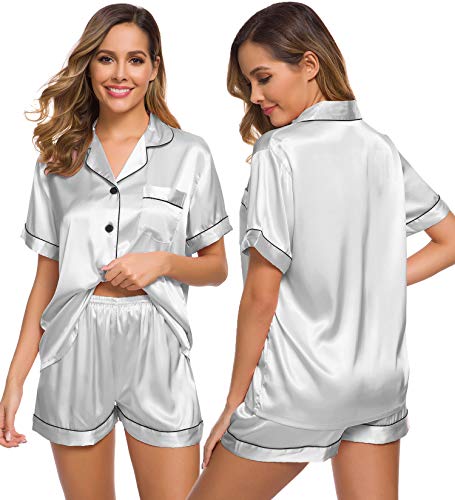 SWOMOG Seidenpyjama für Damen Satin Kurzarm Nachtwäsche Silk Pyjama Sets mit Button und Tasche Zweiteiliger Loungewear Schlafanzug Ladies Pjs Sets Grau von SWOMOG