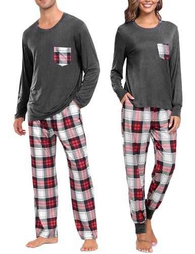 SWOMOG Weihnachten Schlafanzug Buffalo Plaid Pyjama Hose mit Taschen Langarm Oberteile Paare & Familie Pjs von SWOMOG