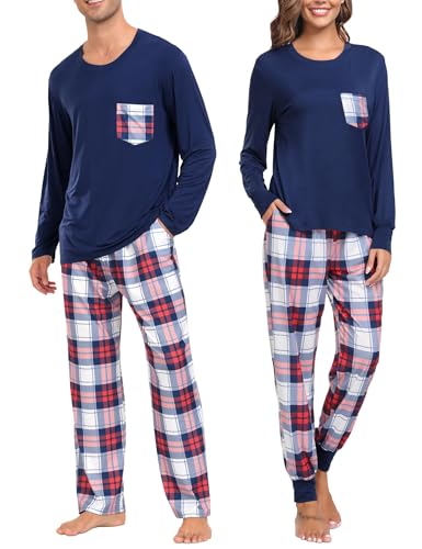 SWOMOG Weihnachten Schlafanzug Buffalo Plaid Pyjama Hose mit Taschen Langarm Oberteile Paare & Familie Pjs von SWOMOG