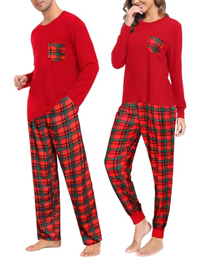 SWOMOG Weihnachten Schlafanzug Buffalo Plaid Pyjama Hose mit Taschen Langarm Oberteile Paare & Familie Pjs von SWOMOG