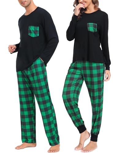 SWOMOG Weihnachten Schlafanzug Buffalo Plaid Pyjama Hose mit Taschen Langarm Oberteile Paare & Familie Pjs von SWOMOG