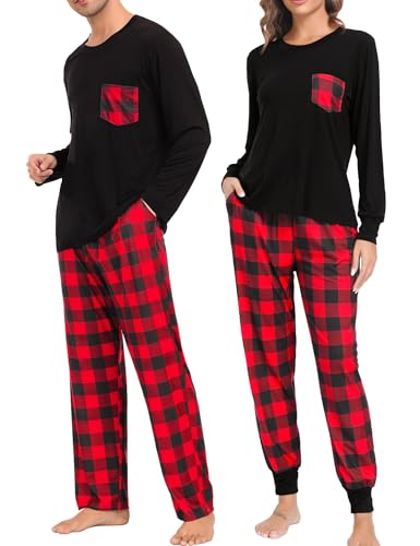 SWOMOG Weihnachten Schlafanzug Buffalo Plaid Pyjama Hose mit Taschen Langarm Oberteile Paare & Familie Pjs von SWOMOG
