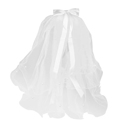 SWOOMEY Brautschleier mit Doppellagigem Tüll und Perlen Schleife Weicher Kopfschmuck für Hochzeitsfeier Kommunion und Fotoshooting Weißer Schleier für Mädchen von SWOOMEY