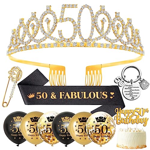 50 Geburtstag Frau,50. Geburtstag Frau 50. Geburtstag Schärpe und Tiara 50 Geburtstag Deko,Gold Kristall Tiara Krone Birthday Schärpe,Luftballons Tortendeko,Geschenke Zum 50 Geburtstag Frau 50 Jährige von SWPEED