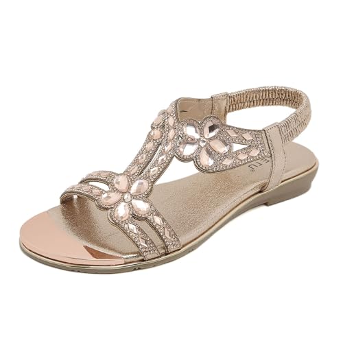 Orthoback OrthoSandal Damen Flach Elegant Blume Strass Sommerschuhe Leichte Bequeme Barfuss Sandalen (Champagner 1,40) von SWZEC