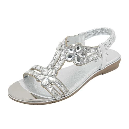 Orthoback OrthoSandal Damen Flach Elegant Blume Strass Sommerschuhe Leichte Bequeme Barfuss Sandalen (Silber 1,39) von SWZEC