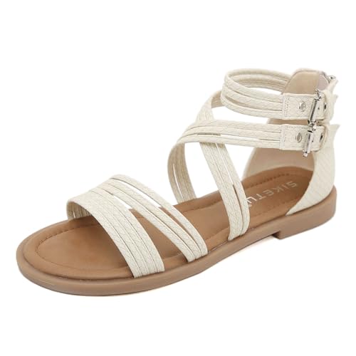 Damen Flache Sandalen Sommer Strandschuhe Geflochtene Römische Sandalen Kleid Sandalen Riemchen Freizeitsandalen Für Frauen gr.35-42 (37,Weiß) von SWZEC