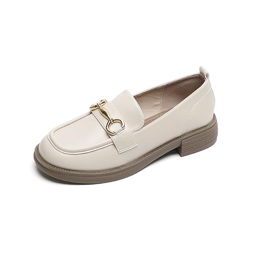 Damen Flacher Mokassin Mit Schnalle Women l Microfiber Leather Slip-On Chain Decor Chunky Flatform Wedge Loafers (36,Beige) von SWZEC