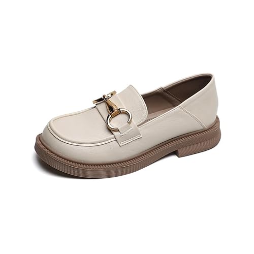 Damen Flacher Mokassin Mit Schnalle Women l Microfiber Leather Slip-On Chain Decor Chunky Flatform Wedge Loafers (38,Beige-1) von SWZEC