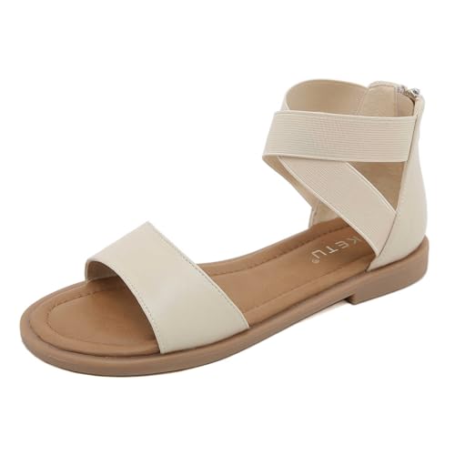 Frauen Ein Wort Gürtel Flache Sandalen Sommer Strandschuhe Geflochtene Römische Sandalen Damen Riemchen Freizeitsandalen gr.35-42 (35,Beige) von SWZEC