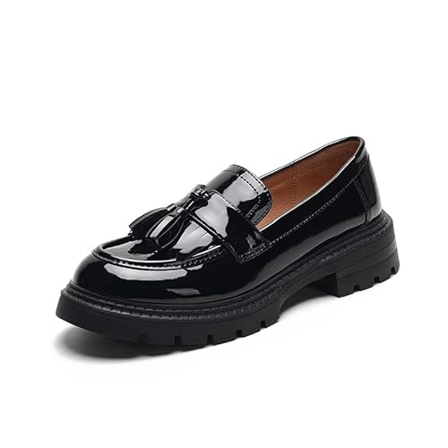 Klassisch Loafer Damen Mokassins Quaste Geschlossener Zehen Halbschuhe Elegante Slip-on Plateau Schuhe für Frauen (35,Schwarz) von SWZEC