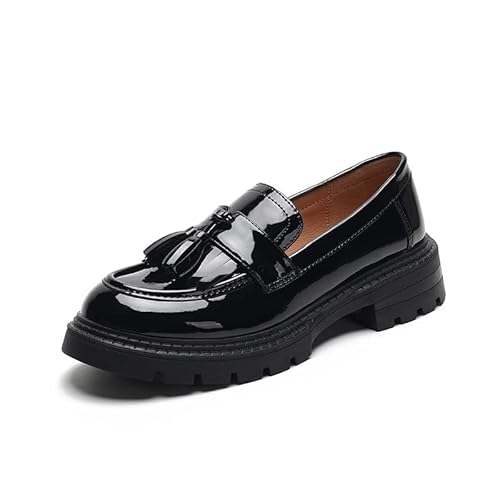 Klassisch Loafer Damen Mokassins Quaste Geschlossener Zehen Halbschuhe Elegante Slip-on Plateau Schuhe für Frauen (37,Schwarz) von SWZEC