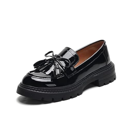 Klassisch Loafer Damen Mokassins Quaste Geschlossener Zehen Halbschuhe Elegante Slip-on Plateau Schuhe für Frauen (42,Schwarz 1) von SWZEC