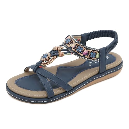 Orthoback ORTHOSANDAL Damen Flach mit Strass Bohemian Sandalen orthosandalen Größe 36-42 (Blau,38) von SWZEC