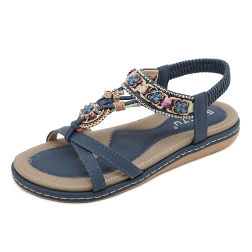 Orthoback ORTHOSHOES® Damen Knöchelriemen Flach Strass Bohemian Sommerschuhe Bequeme Sandalen Größe 36-42 (38,Blau) von SWZEC