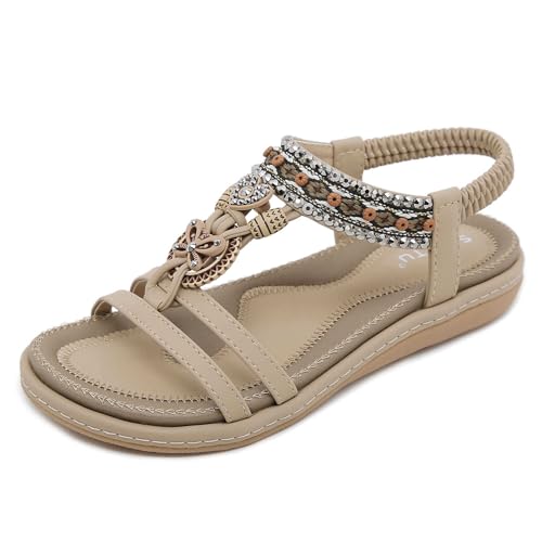 Orthoback ORTHOSHOES® Damen Knöchelriemen Flach Strass Bohemian Sommerschuhe Bequeme Sandalen Größe 36-42 (39,Beige 2) von SWZEC