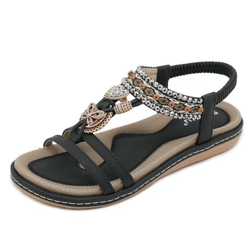 Orthoback ORTHOSHOES® Damen Knöchelriemen Flach Strass Bohemian Sommerschuhe Bequeme Sandalen Größe 36-42 (42,Schwarz 2) von SWZEC