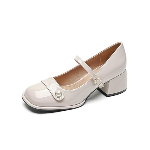 Plateau Mary-Jane Schuhe für Damen, klobige Lackleder-Kleiderschuhe Chunky Schnalle Riemen Wohnungen Seicht Pumps Schuhe (37,Beige 1) von SWZEC