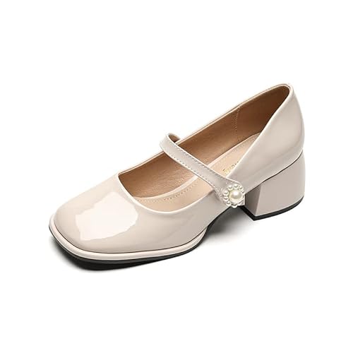 Plateau Mary-Jane Schuhe für Damen, klobige Lackleder-Kleiderschuhe Chunky Schnalle Riemen Wohnungen Seicht Pumps Schuhe (39,Beige) von SWZEC