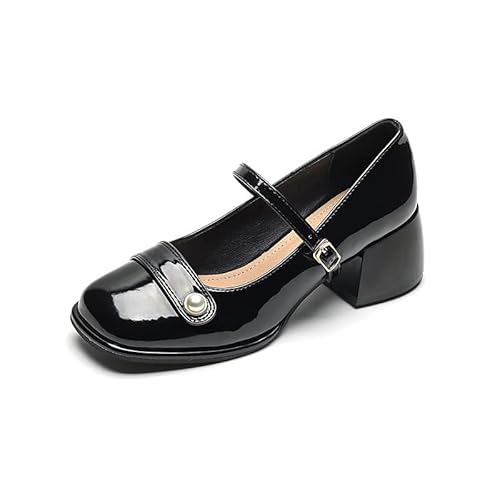 Plateau Mary-Jane Schuhe für Damen, klobige Lackleder-Kleiderschuhe Chunky Schnalle Riemen Wohnungen Seicht Pumps Schuhe (39,Schwarz 1) von SWZEC