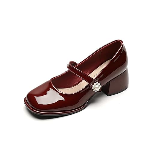 Plateau Mary-Jane Schuhe für Damen, klobige Lackleder-Kleiderschuhe Chunky Schnalle Riemen Wohnungen Seicht Pumps Schuhe (41,Rot) von SWZEC